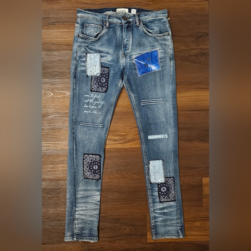 FWRD Denim Mens 32x32 Distressed Y2K Artsy Patched Skinny Stretch Jeans